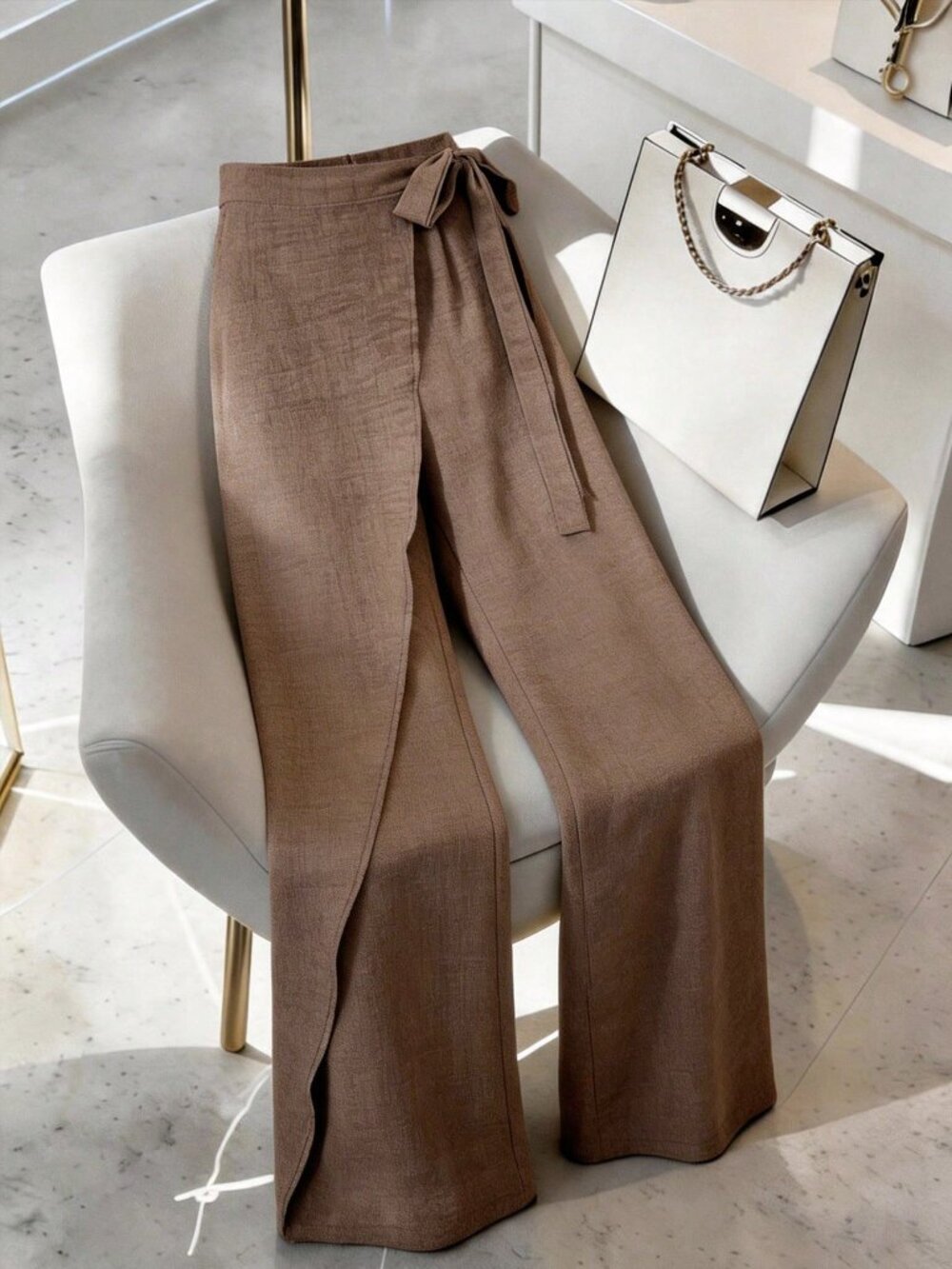 Brown Casual Elegant Women's High-Waist Wrap Wide-Leg Skort Pants - Picture 5 of 7